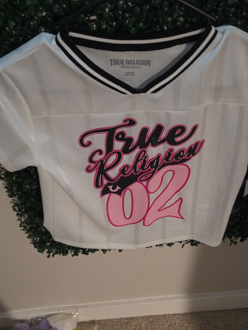 True Religion White Crop Tee with Pink Logo